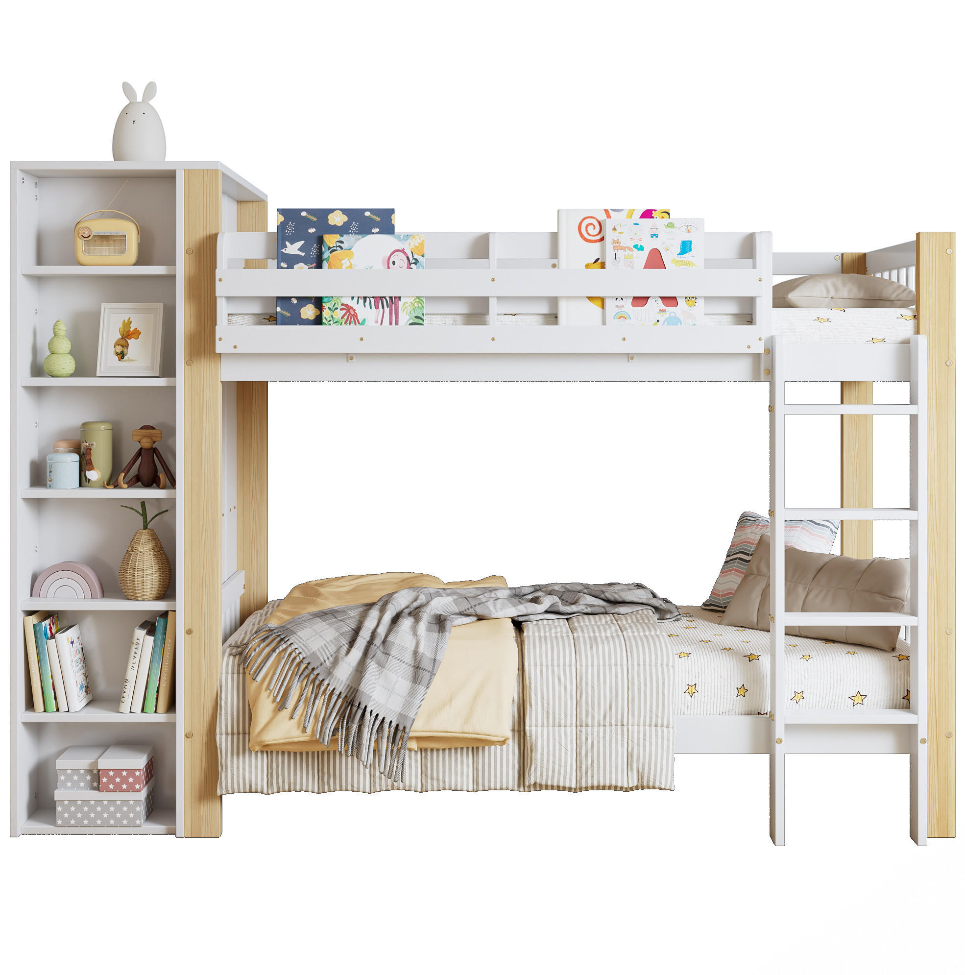 ETAGENBETT 90/200 cm Weiß+Natur mit Fallschutz und Kleiderschrank aus Kiefer und MDF - Weiß, Holzwerkstoff (90/200cm) - OKWISH