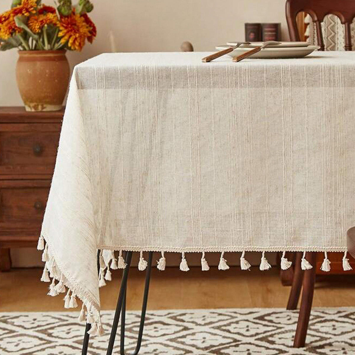 TISCHDECKE mit linearem Quastenmuster – 120 x 180 – Beige - Beige, Textil (120/180cm)