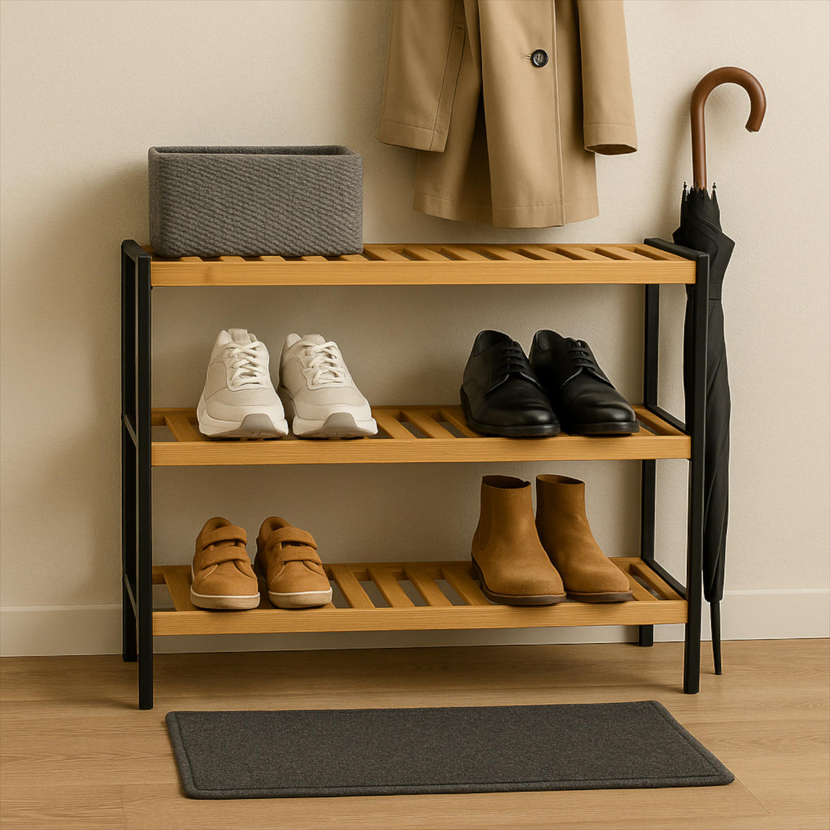 SCHUHREGAL Bambus Schwarz Naturfarben 3 Ablahen 70/26/55 cm - Hellbraun/Schwarz, Holz (70/55/26cm) - Begryf