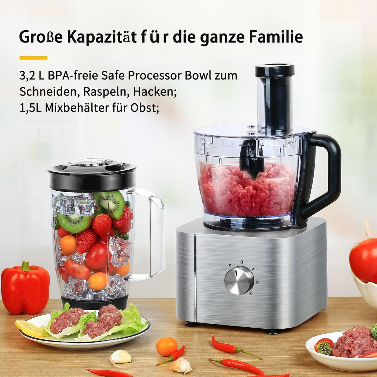 KÜCHENMASCHINE MULTIFUNKTIONAL 1100W Edelstahl 40,7/27,2/40,7 cm - Silberfarben, Metall (27.2/40.71/40.71cm) - Rolipo