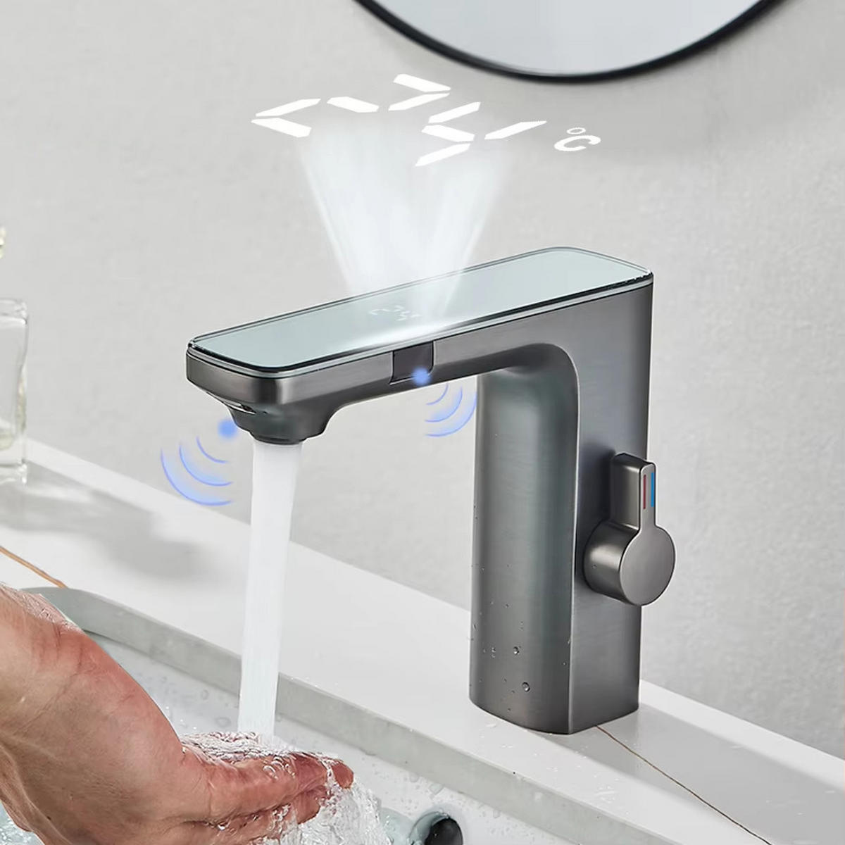 WASCHTISCHAMATUR Sensor, Grau, Digitalanzeige - Grau, Metall (4.5/14/18cm) - Kaket