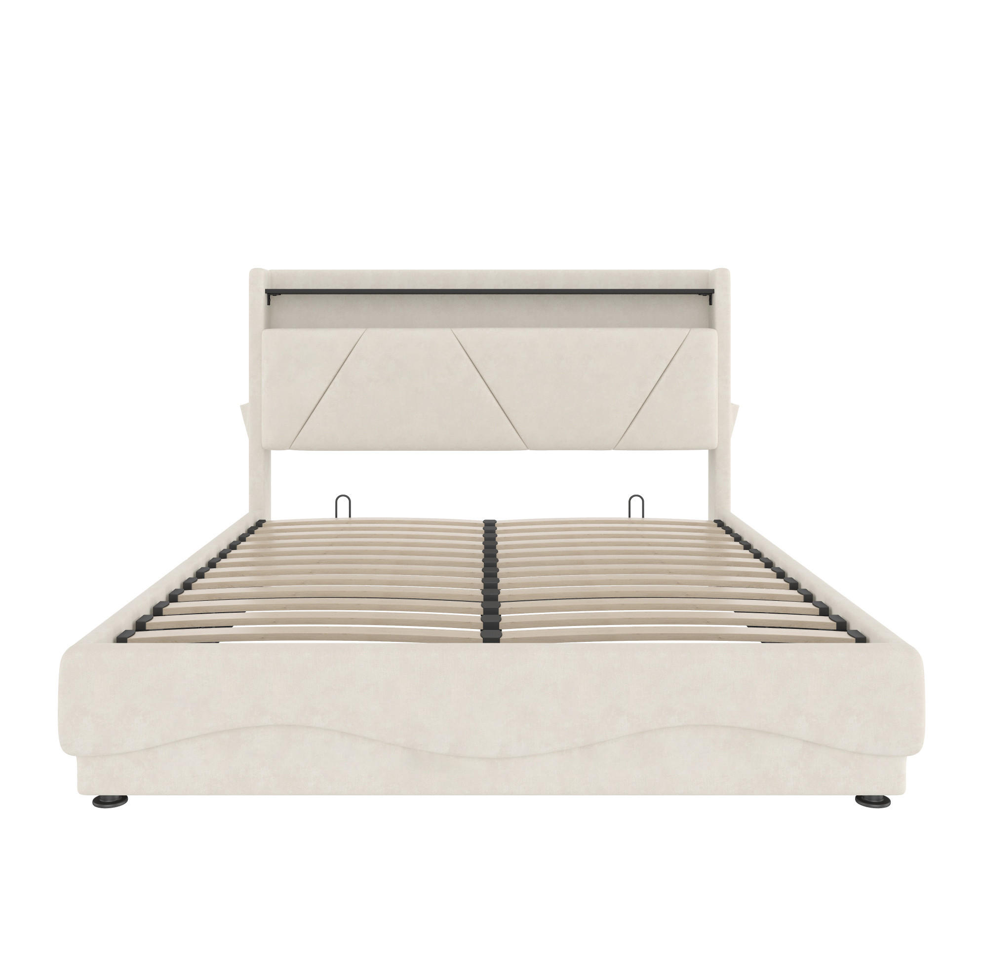 POLSTERBETT 160/200 cm mit LED-Beleuchtung, USB- und Type-C-Anschluss, Bettkasten und Regal, Beige - Beige, Textil (160/200cm) - Redom