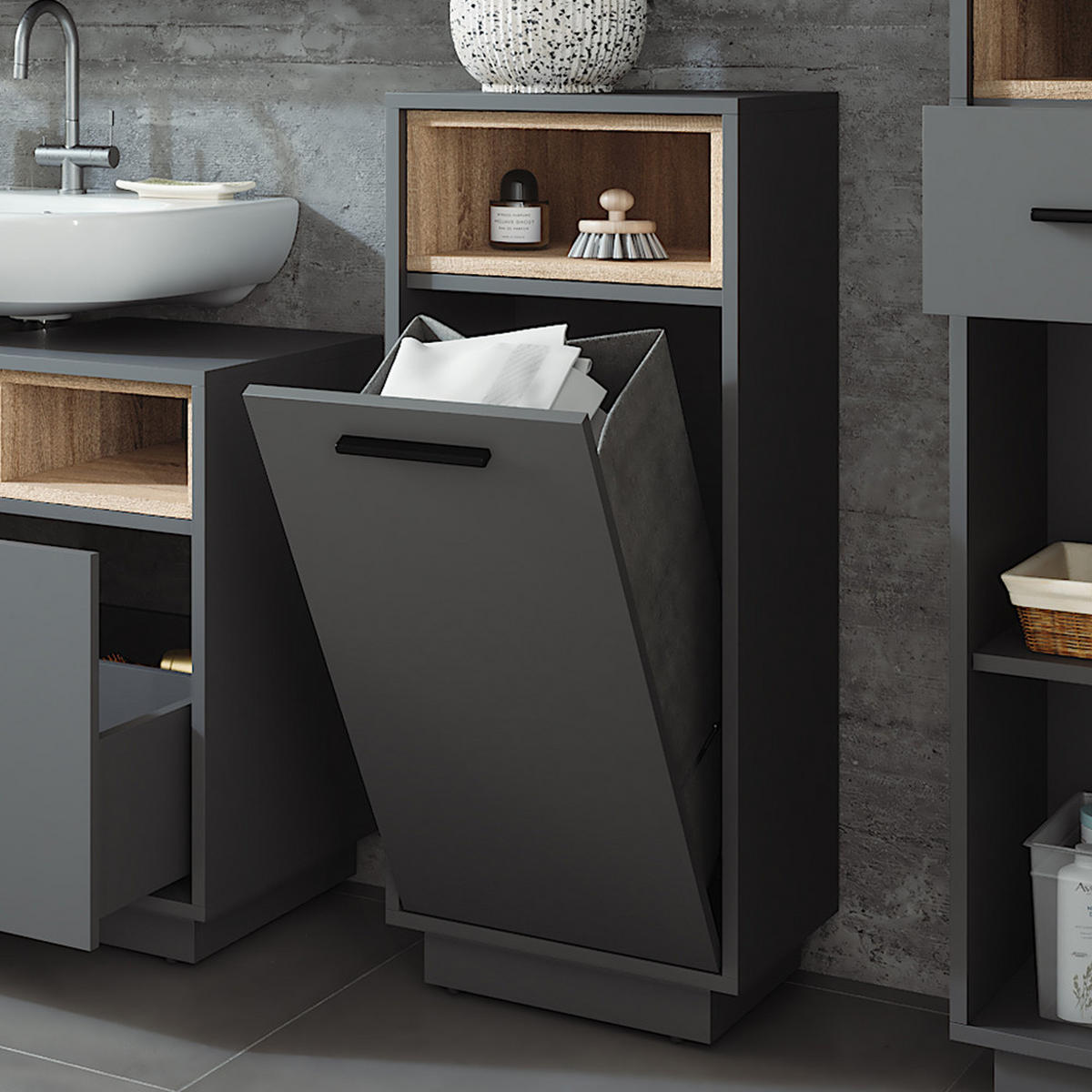 WÄSCHESCHRANK Beatrice Anthrazit/Sonoma 38 x 93 cm mit herausnehmbarer Innentasche - Anthrazit/Sonoma Eiche, Holzwerkstoff (38/93/30cm) - Vicco