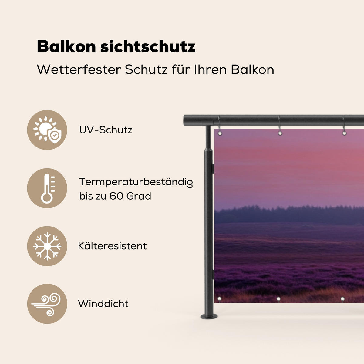 BALKON-SICHTSCHUTZ Baum - Heidekraut - Sonnenaufgang - Flieder, Kunststoff (500/80cm) - MuchoWow