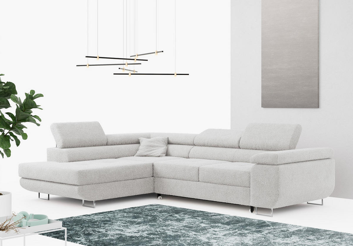 ROHOVÁ SEDAČKA GUSTAW L - Světle šedá Bouclé - Levá Strana - stříbrná/světle šedá, kov/textil (275/205cm) - MKS