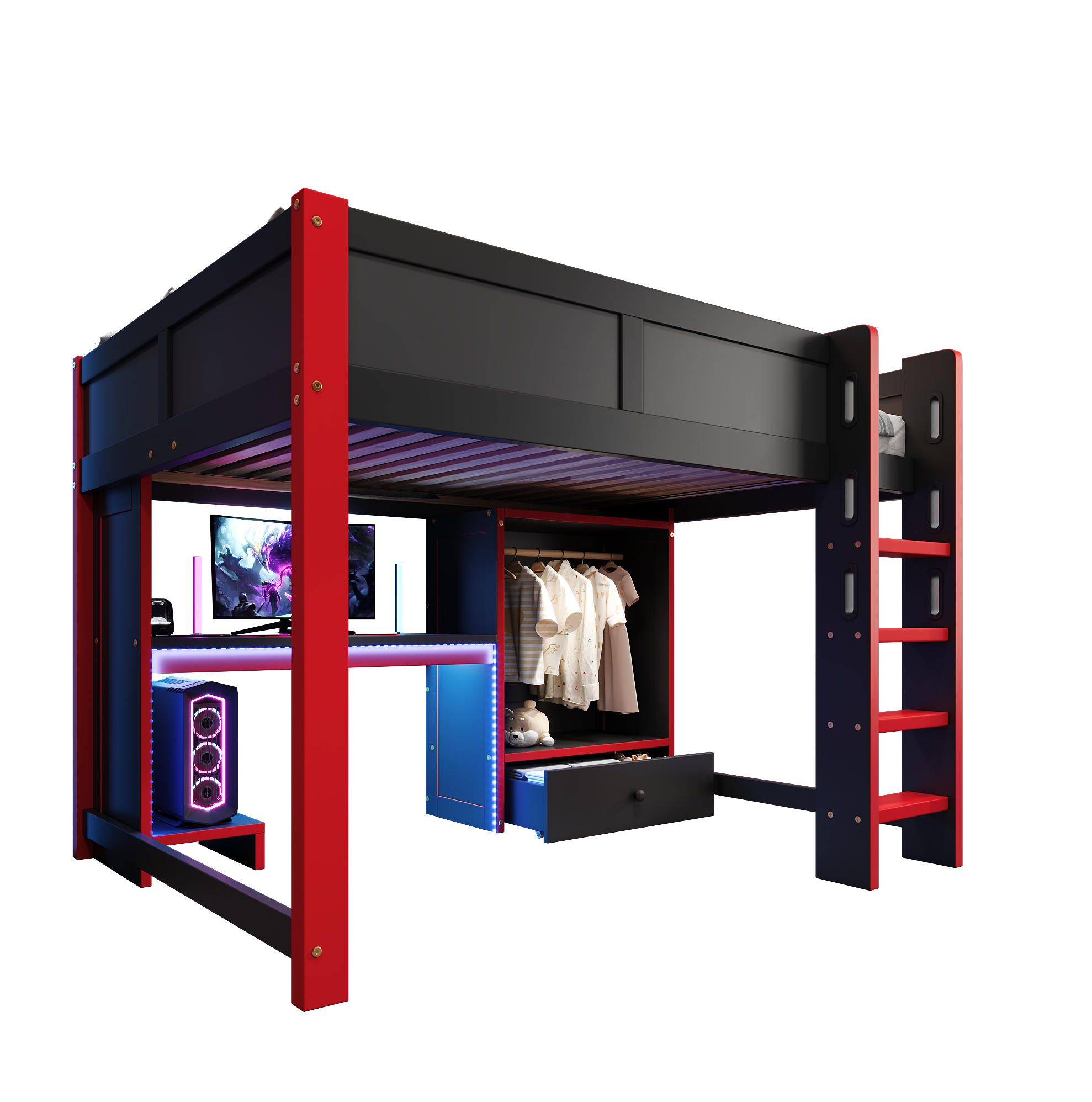 HOCHBETT 140/200 cm schwarz/rot mit Schreibtisch und Kleiderschrank - Schwarz, Holz (140/200cm) - MIVRAY