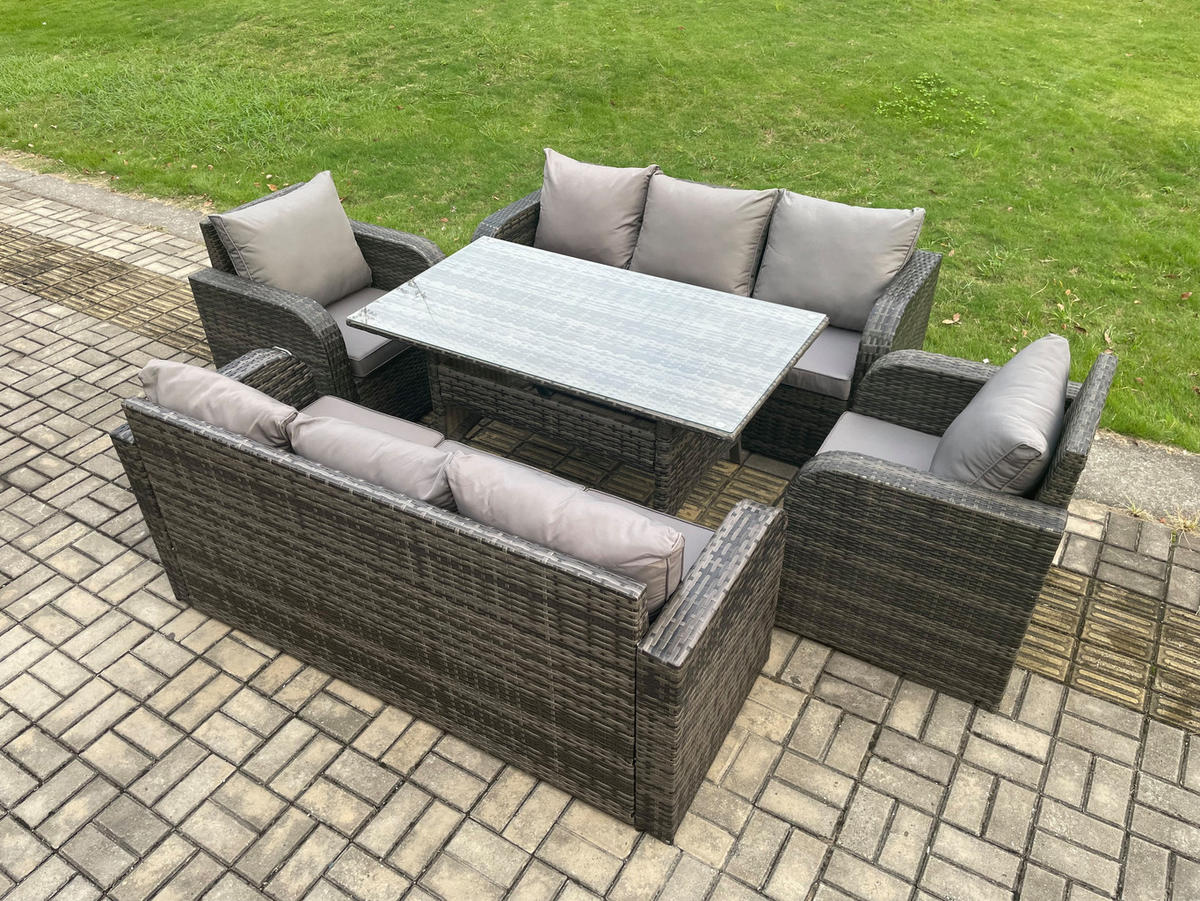 GARTENGARNITUR mit Liegestuhl,3-Sitzer Sofa,Zweisitzer Polyrattan Dunkelgrau 8-Sitzer - Dunkelgrau/Grau, Glas/Kunststoff - Fimous