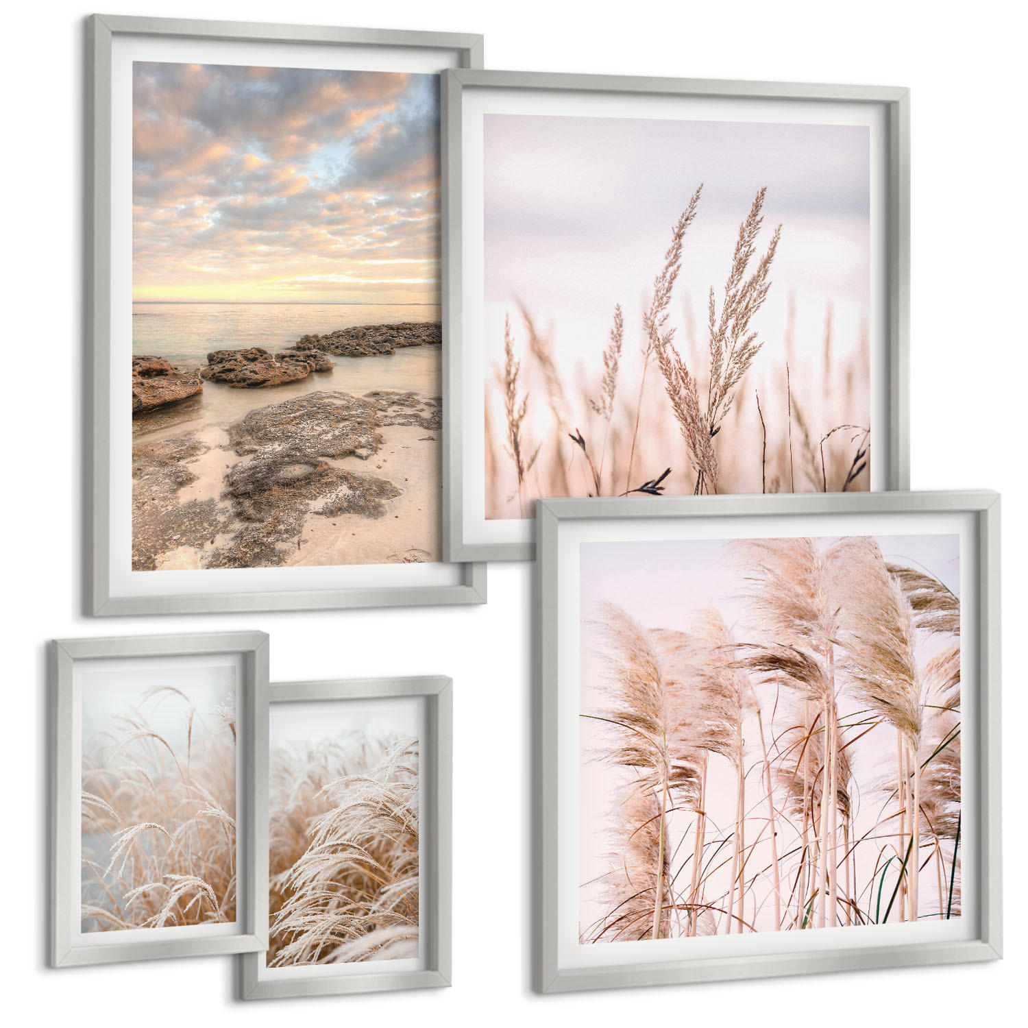 BILDER SET 5er Set - 50x50 cm & 20x30 cm & 40x60 cm Silberner Rahmen - Meerblick von Venedig - Silberfarben, Kunststoff (40/60cm) - TULUP