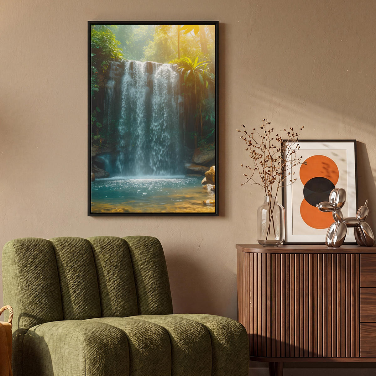 LEINWAND Bilder mit Rahmen - Wasserfall - Dschungel - Sonne - Grün - Natur - 60x90 - Grün, Textil (60/90cm) - MuchoWow