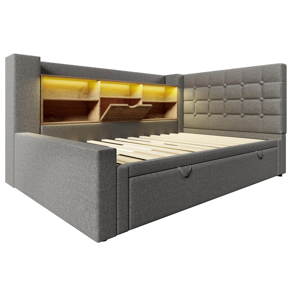 BETT mit Ausziehbett und LED 90x200 cm Leinen Grau - Grau, Metall (90/200cm) - Meubliv