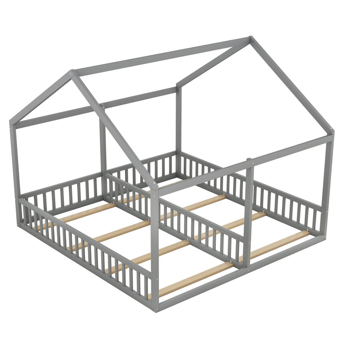 KINDERBETT aus Kiefer 204x187x168 cm Grau 2-in-1 Hausbett mit Schutzgitter - Grau, Holz (90/200cm) - Modfu
