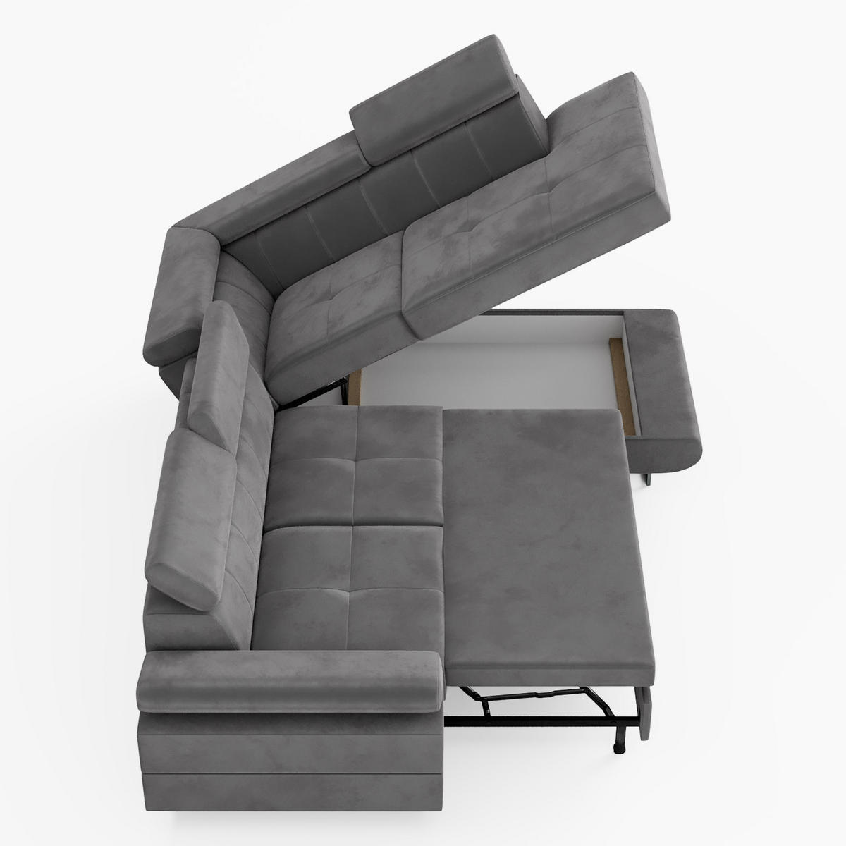 ECKSOFA CAROLINE Rechts Braun Velours-Stoff mit Schlaffunktion und Bettkasten - Chromfarben/Dunkelbraun, Textil (253/190cm) - Barchello