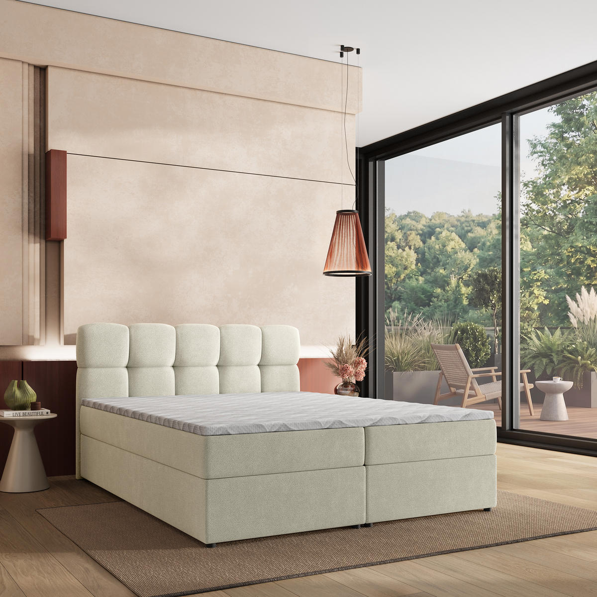 BOXBETT MERU 140x200 cm mit Matratze und Topper - Creme - Creme, Holz (140/200cm) - MASSENO