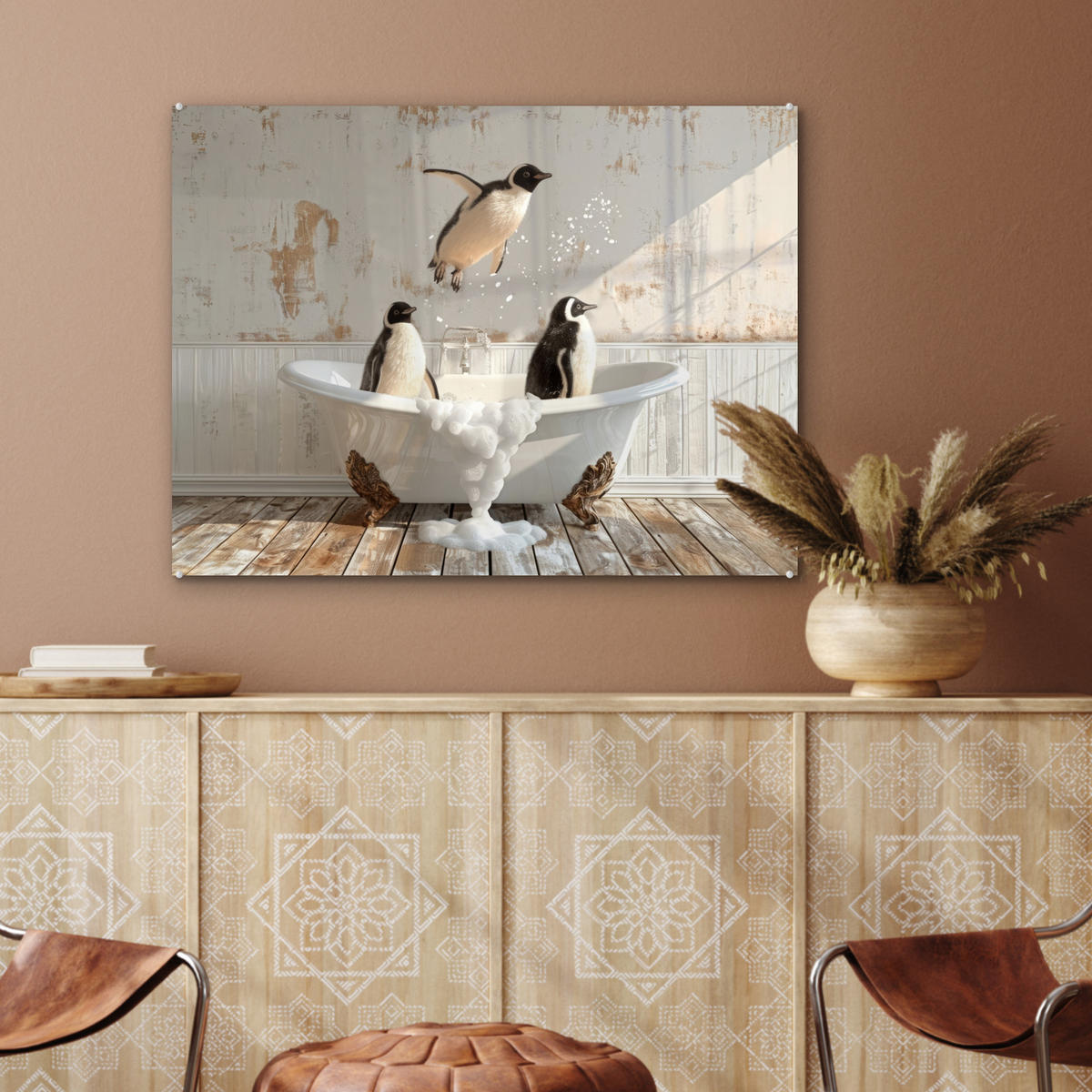 ACRYLGLASBILD Vintage - Pinguin - Badewanne - Schaumstoff 80x60 cm - Schwarz, Glas (80/60cm) - MuchoWow