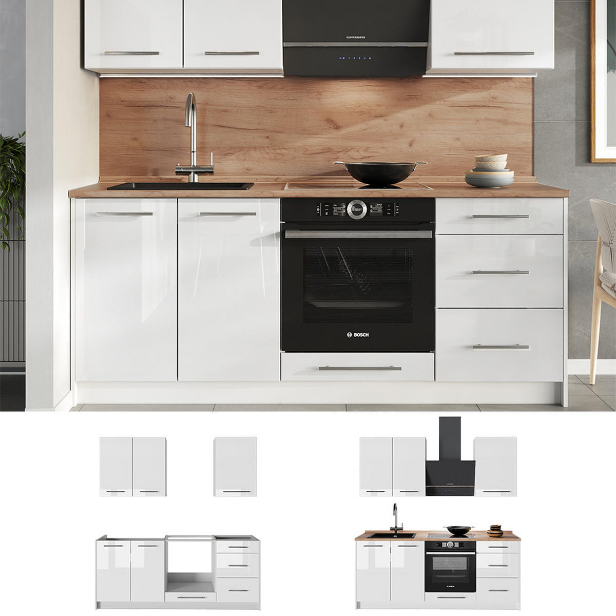 ENKELKÖK Fame-Line, Vit högblank/Vit, 190 cm AP Marble - Vit/Vit högglans, Träbaserade material (190/82/60cm) - Vicco