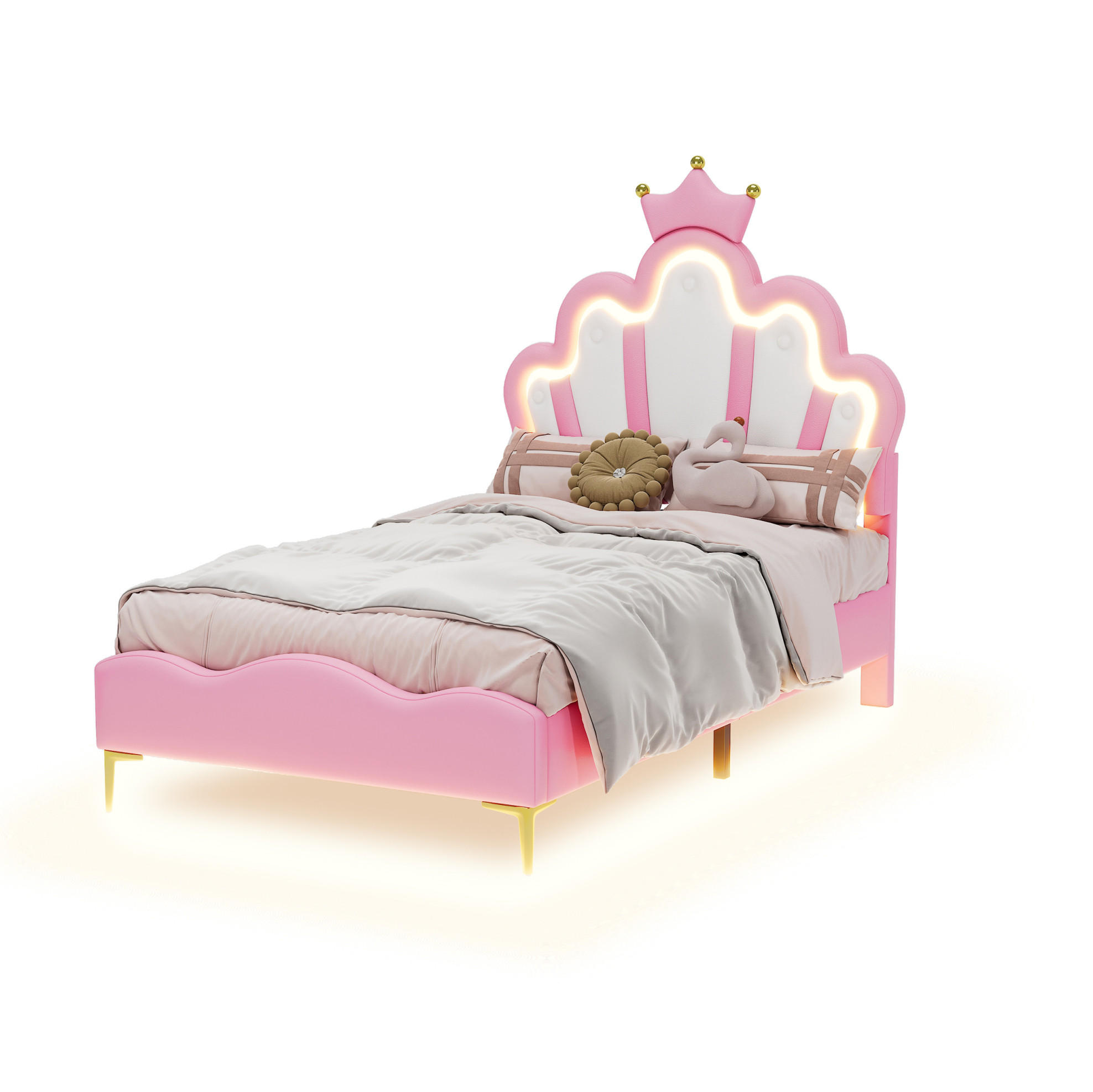 POLSTERBETT 90/200 cm mit LED-Beleuchtung, Kronen-Kopfteil aus PU-Kunstleder, Rosa - Rosa, Kunststoff (90/200cm) - Redom