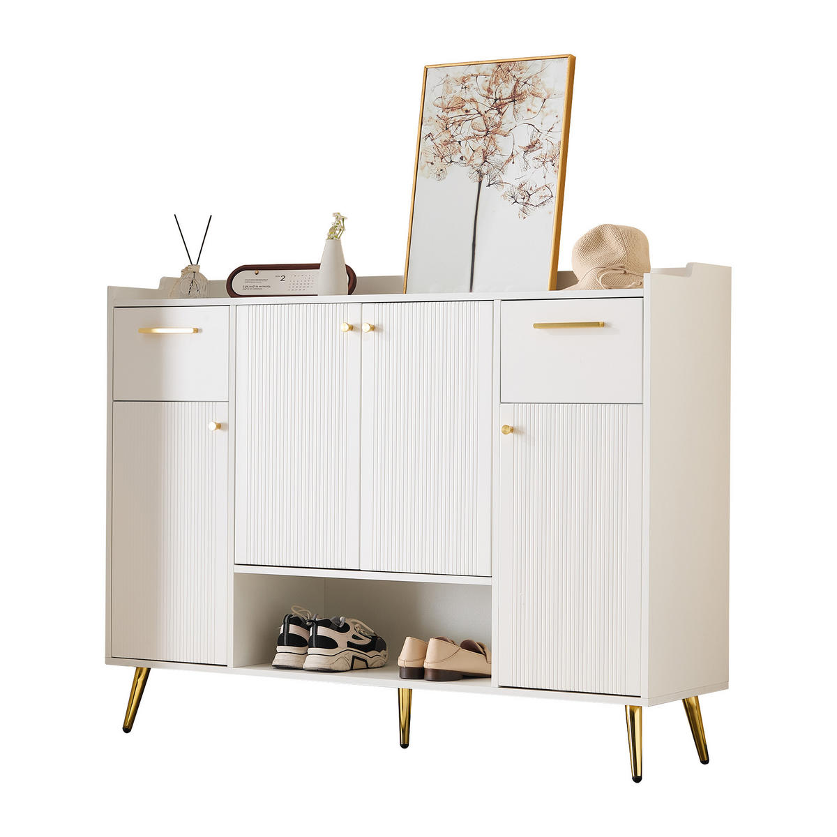 SCHUHSCHRANK mit 4 Türen Weiß 130x37x100cm - Weiß, Holzwerkstoff (37/100/130cm) - FLIEKS