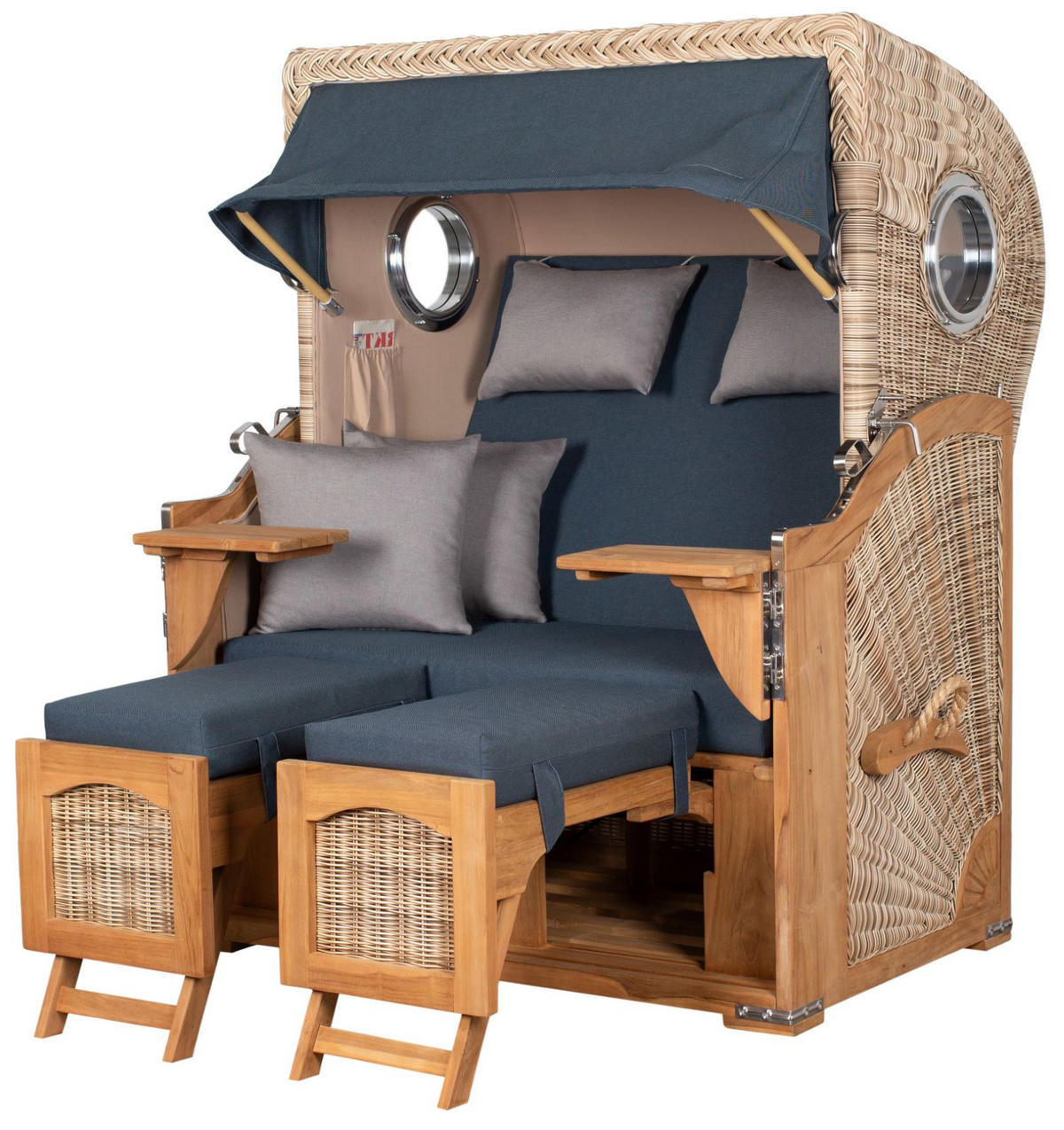 STRANDKORB Komplettset: Ammersee Teak Bullauge - PE shell - Modell 593 - Grau, Holz/Kunststoff (125/165/80cm) - bene living