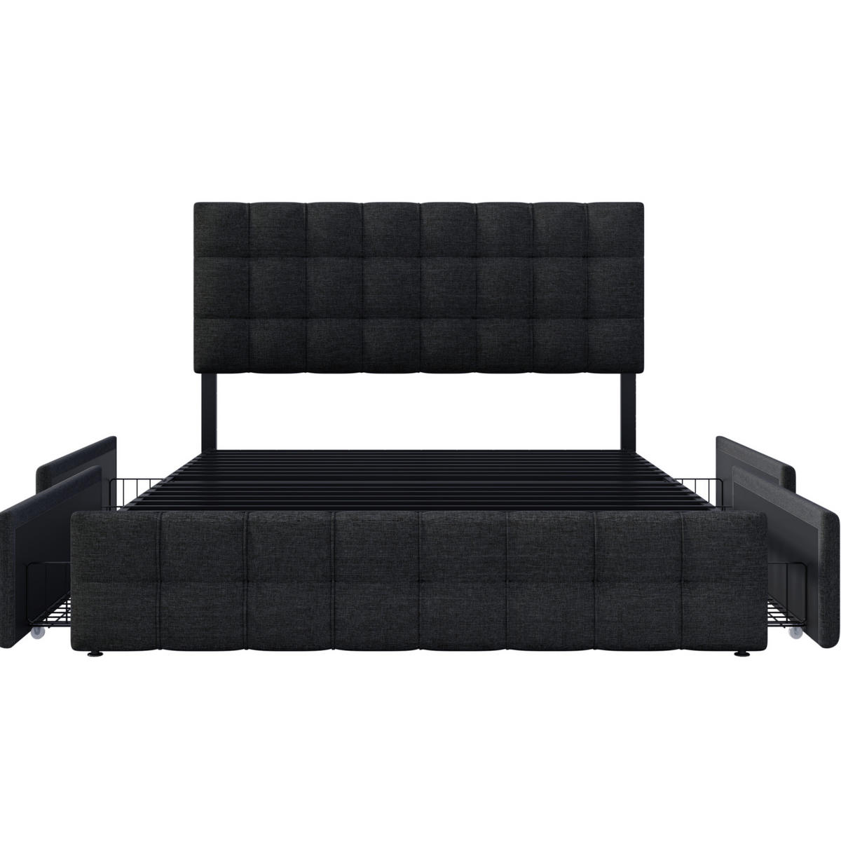 POLSTERBETT aus Leinen 140x200 cm in Schwarz mit 4 Schubladen & verstellbarem Kopfteil - Schwarz, Textil (140/200cm) - Modfu