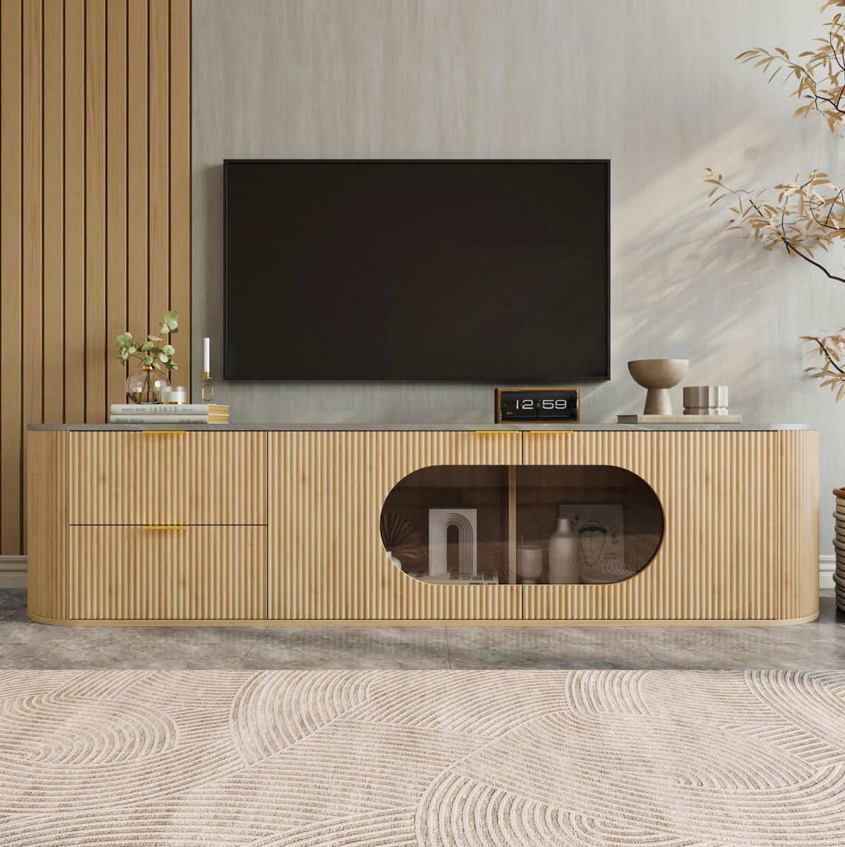LOWBOARD 172/38/45.5 cm Natur aus MDF und Glas mit ovaler Vitrine - Hellbraun, Holzwerkstoff (38/45.5/172cm) - OKMYHOME