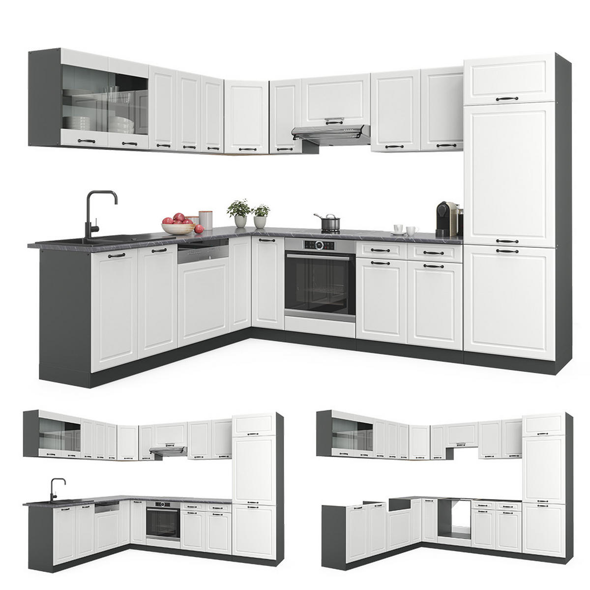 ECKKÜCHE R-Line Weiß Landhaus/Anthrazit 227 x 287 cm, AP Marmor - Anthrazit/Creme, Holzwerkstoff (287/81.6/60cm) - Vicco