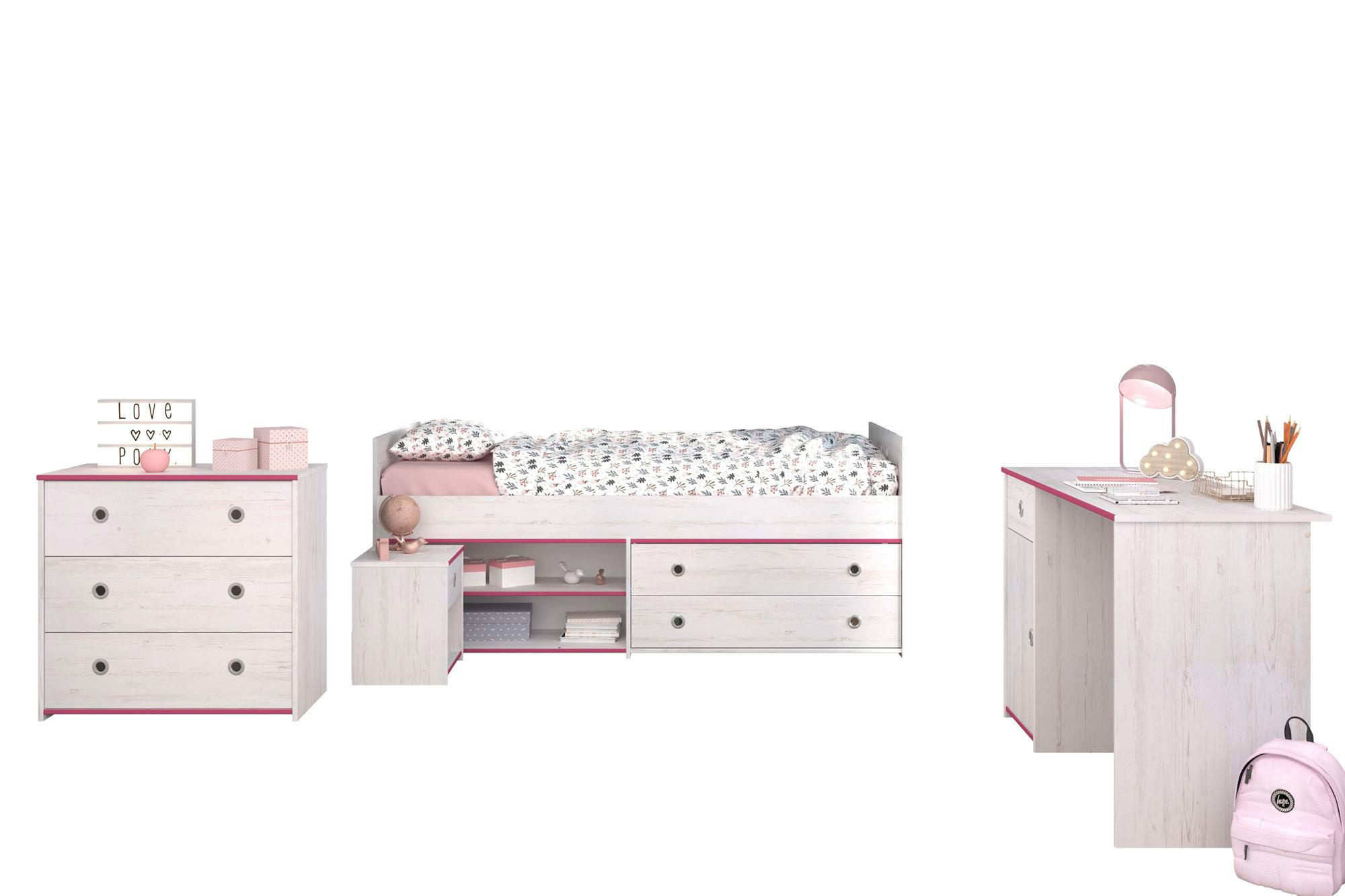 KINDERZIMMER-SET Pabloma 37b 4-tlg. Holznachbildung Kiefer Weiß/Pink - Pink/Weiß, Kunststoff (100/1/200cm) - 58aufmkessel