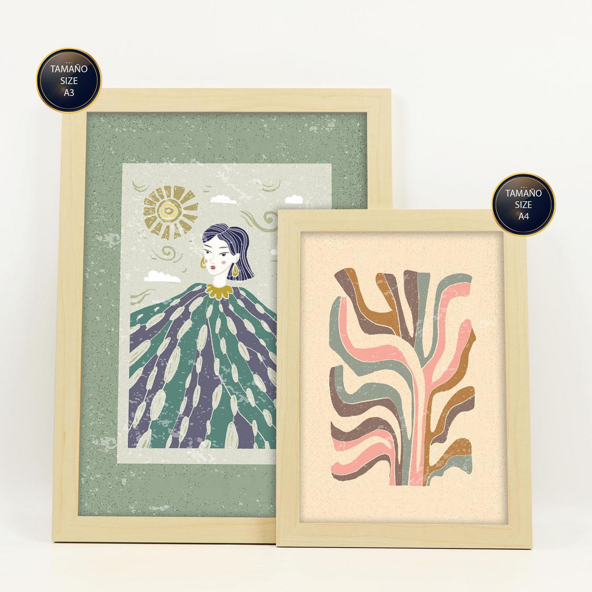 POSTER Set Mit 6 Drucken Von Mutter Natur In Ethnischer Dekorative Rahmen Für Ihr Wohnzimmer Zuhause Wandkunstdruck A3 & A4 Rahmen Aus Hellem Holz - Beige, Papier (29/3cm) - Nacnic