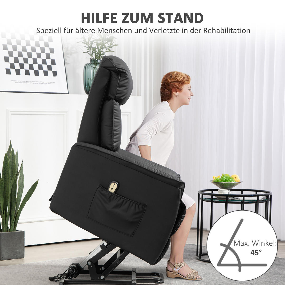 SESSEL mit Aufstehhilfe Kunstleder schwarz - Schwarz, Leder/Holzwerkstoff (80/104/94cm) - HOMCOM