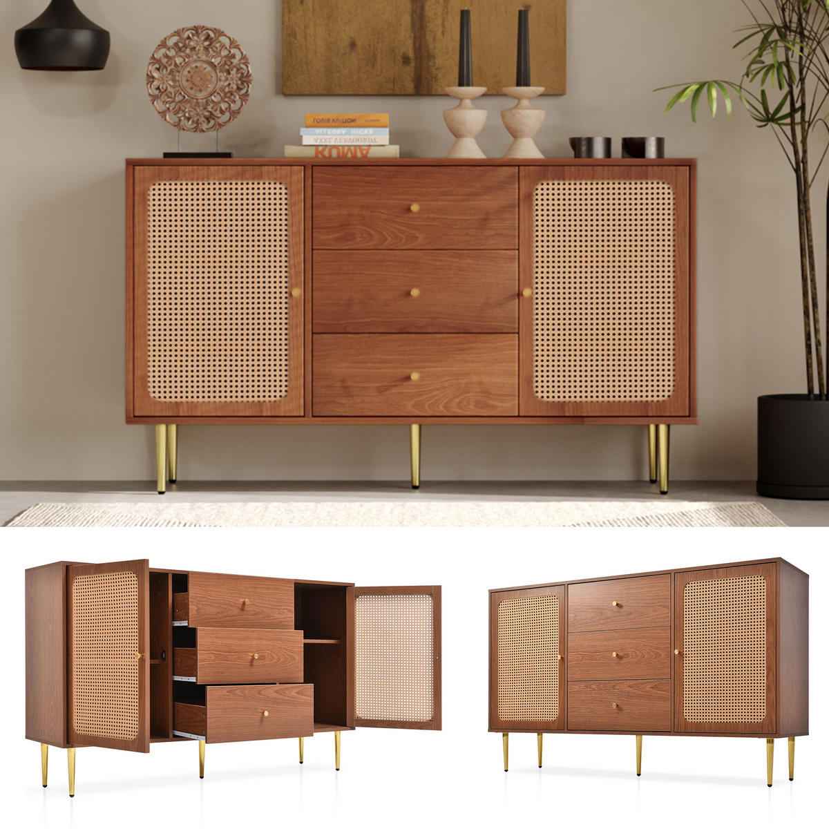 KOMMODE mit 2 Türen, 3 Schubladen, Rattan-Optik und verstellbaren Einlegeböden, 150 x 40 x 90 cm, Walnuss, Holz und Metall - Walnussfarben, Holzwerkstoff (150/90/40cm) - SONNENH