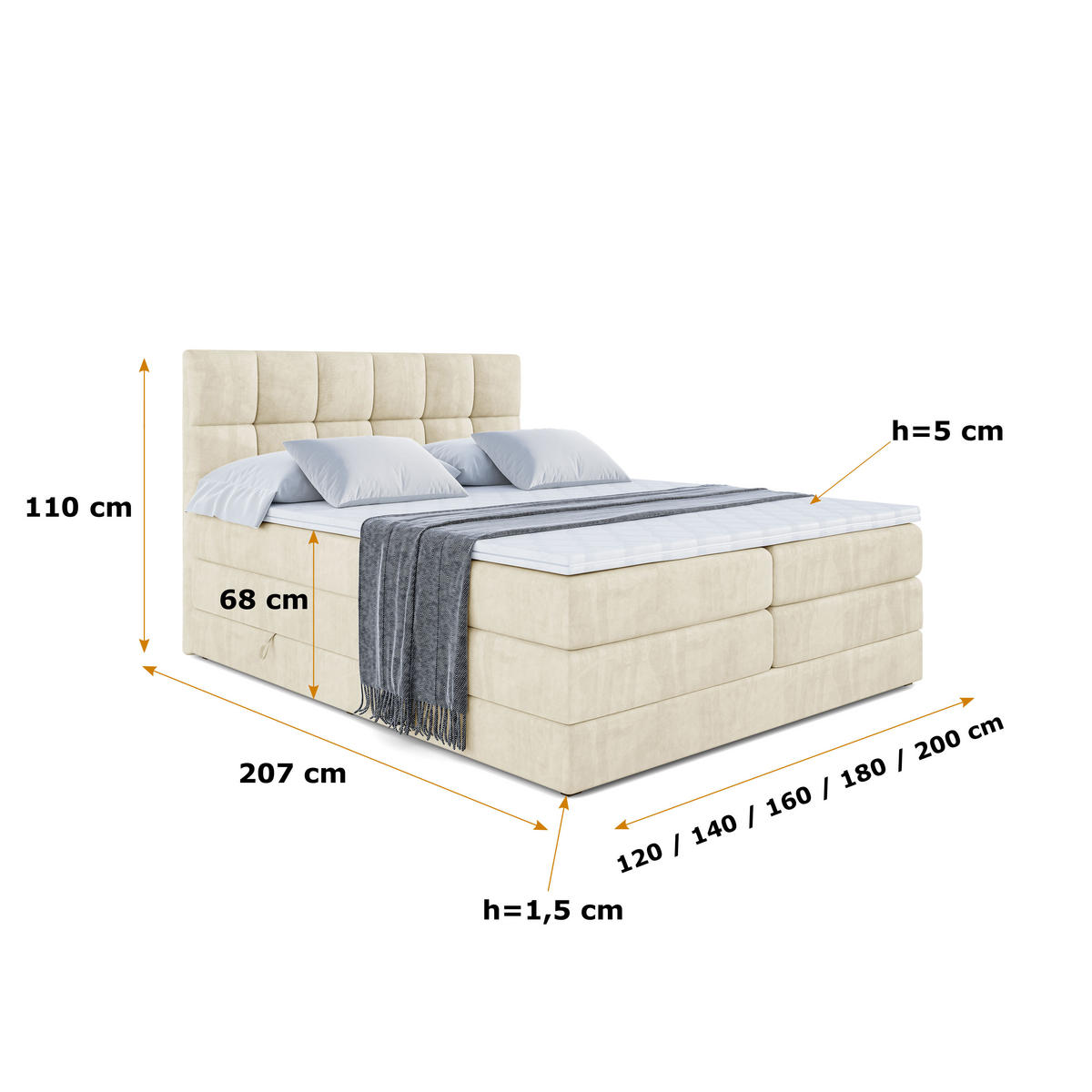 BOXSPRINGBETT RICAR KING - 140x200 - H3/H4 - Beige - Beige, Holzwerkstoff (140/200cm) - ALTDECOR