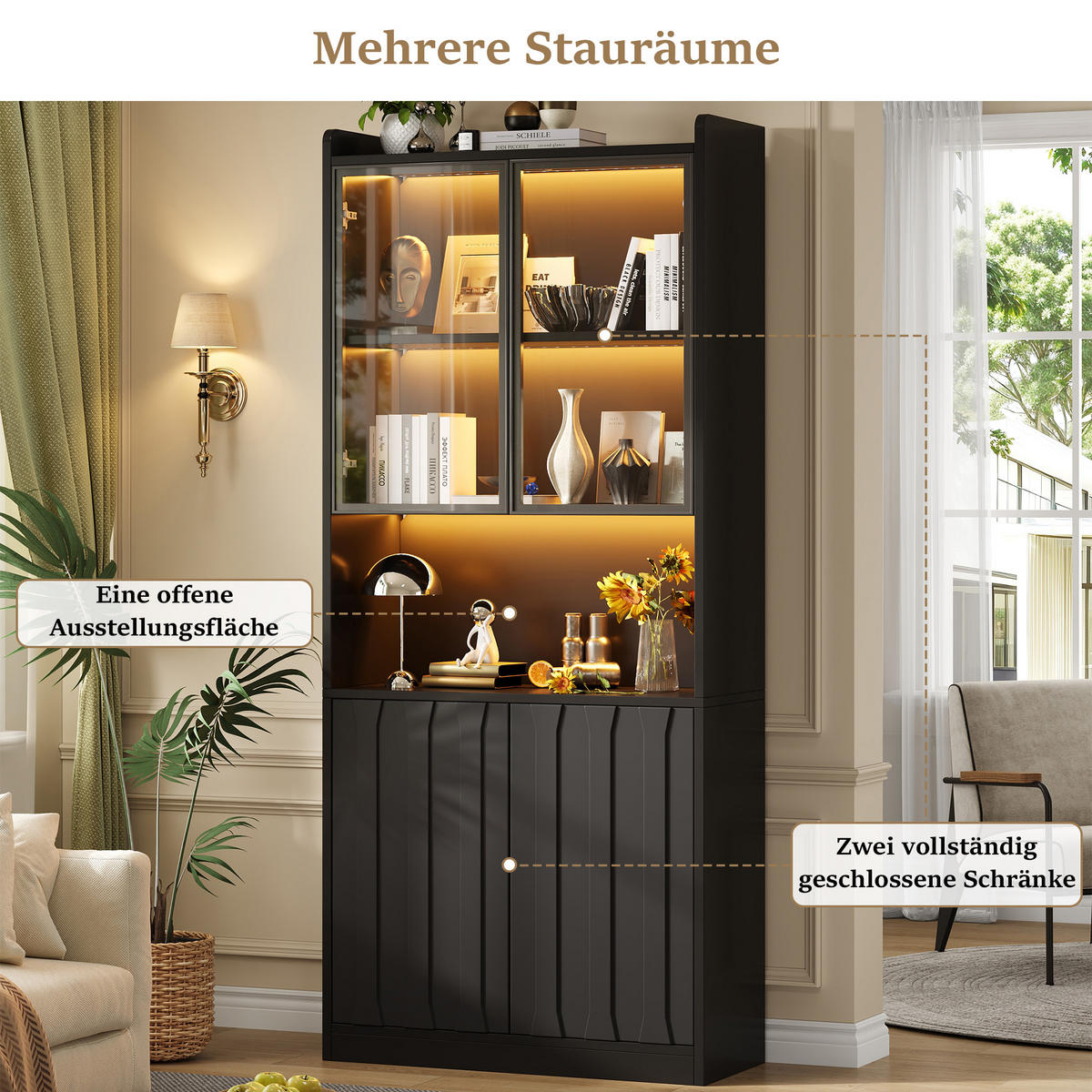 VITRINE 2er-Set 160x35x200 cm Schwarz LED Glastüren - Schwarz, Holzwerkstoff (160/200/35cm) - FLIEKS
