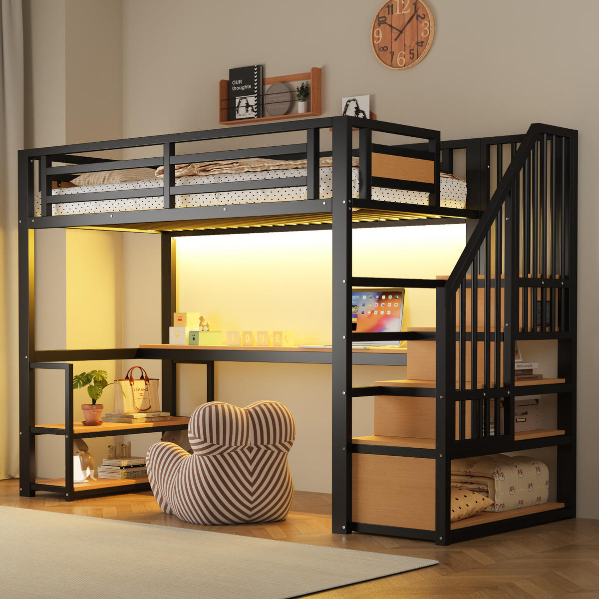 HOCHBETT 90/200 cm, Schwarz mit Tisch, Regalen und Leiter - Schwarz, Metall (90/200cm) - MIVRAY
