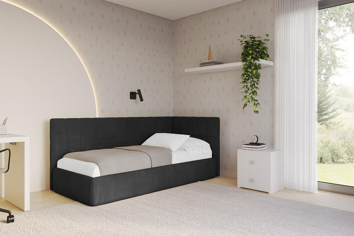 EINZELLBETT Jugendbett mit Bettkasten, Links - TULY 90x200 Schwarz - Schwarz, Holzwerkstoff/Textil (90/200cm) - ALTDECOR