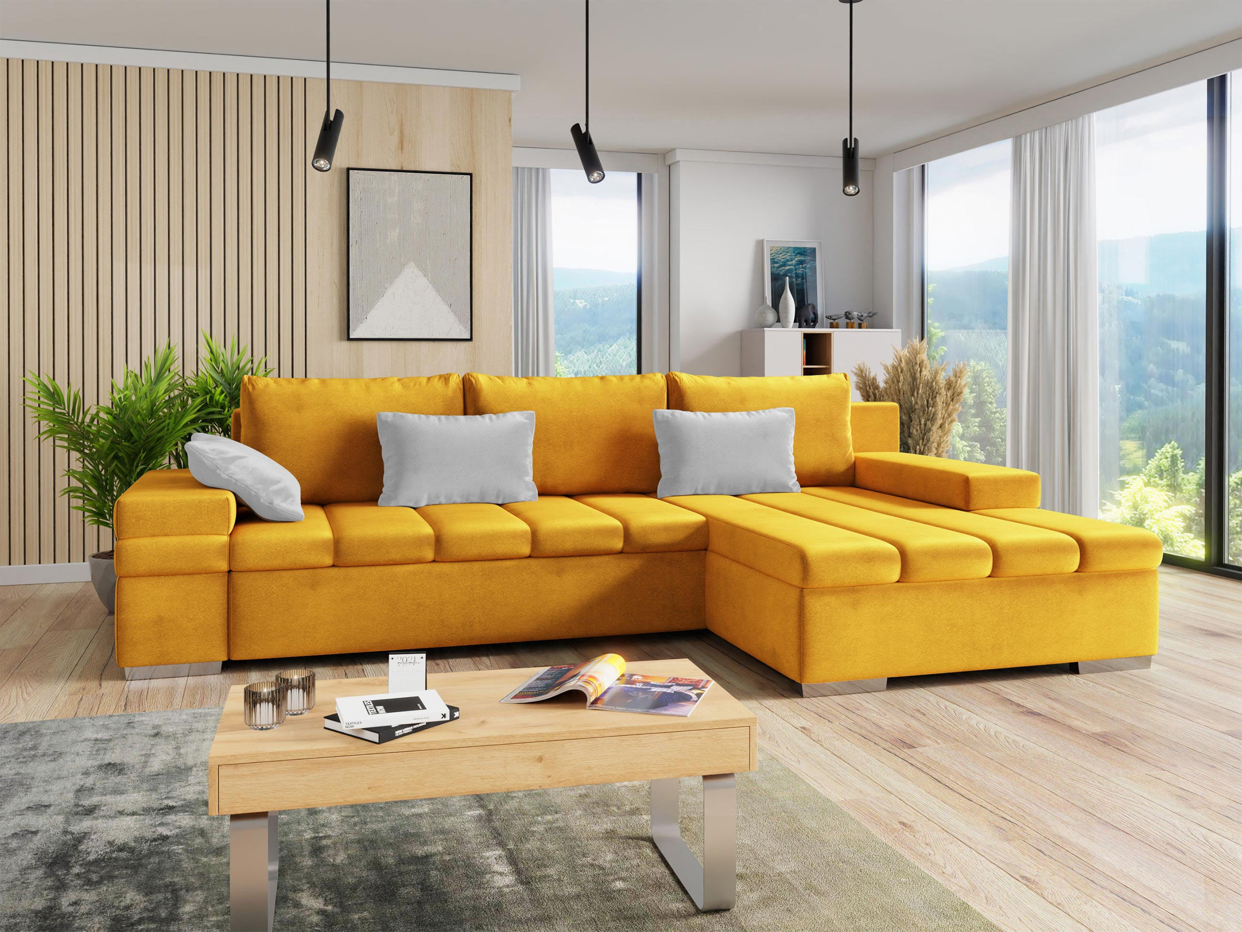 ECKSOFA Bangkok Premium, Seite: Rechts - Gelb/Silberfarben, Holz/Textil (310/175cm) - MIRJAN24