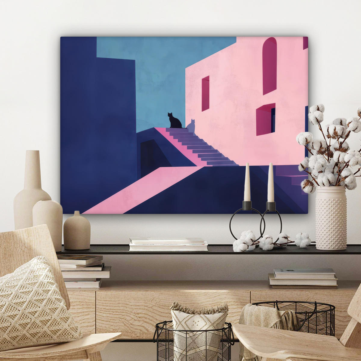 LEINWANDBILD Katze - Treppe - Gebäude - Schattenkontraste Wandbilder 80x60 cm - Dunkelblau, Textil (80/60cm) - MuchoWow