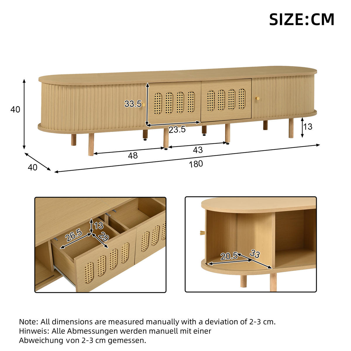 LOWBOARD DE-40408 2 Rattan-Schubladen mit Rolltüren Helle Holzfarbe - Naturfarben, Holzwerkstoff (180/40/40cm) - ComfortXL