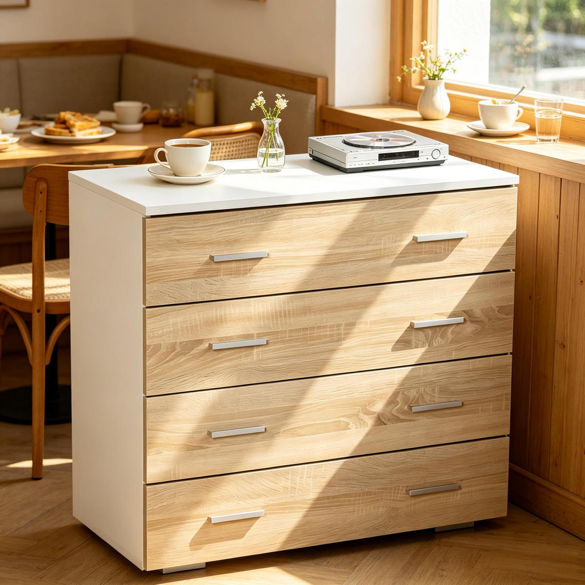KOMMODE DE-38081 76/35/72 cm mit 4 Schubladen Weiß/Helles Holz - Eichefarben, Holzwerkstoff (76/72/35cm) - ComfortXL
