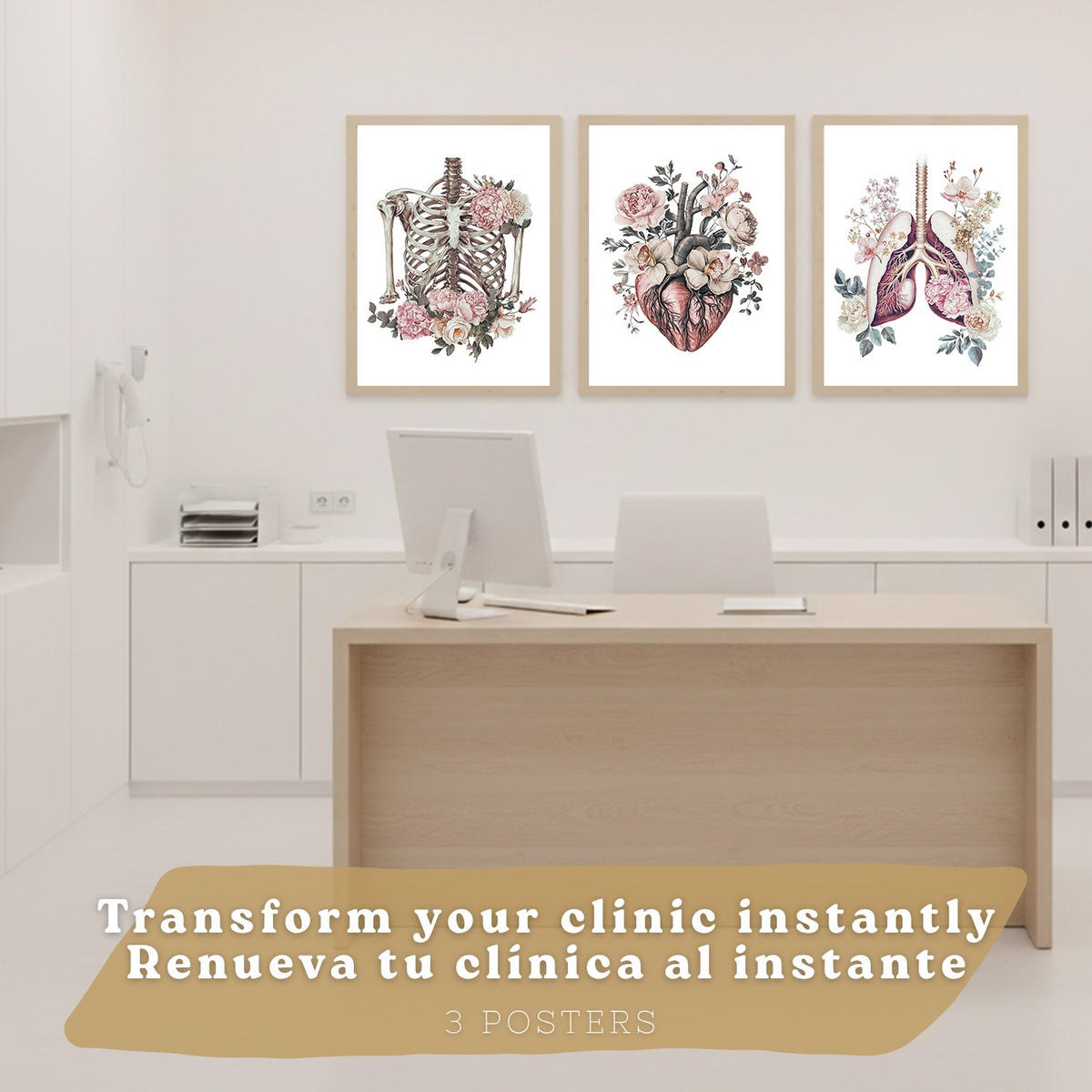 POSTER Set aus 3 Anatomie Florale Drucke und Wandbilder mit Herz Brustkorb und Lungen Detaillierter Illustrationsstil Größe Leichter Holzrahmen A4 - Beige, Papier (21/29.7/3cm) - Nacnic