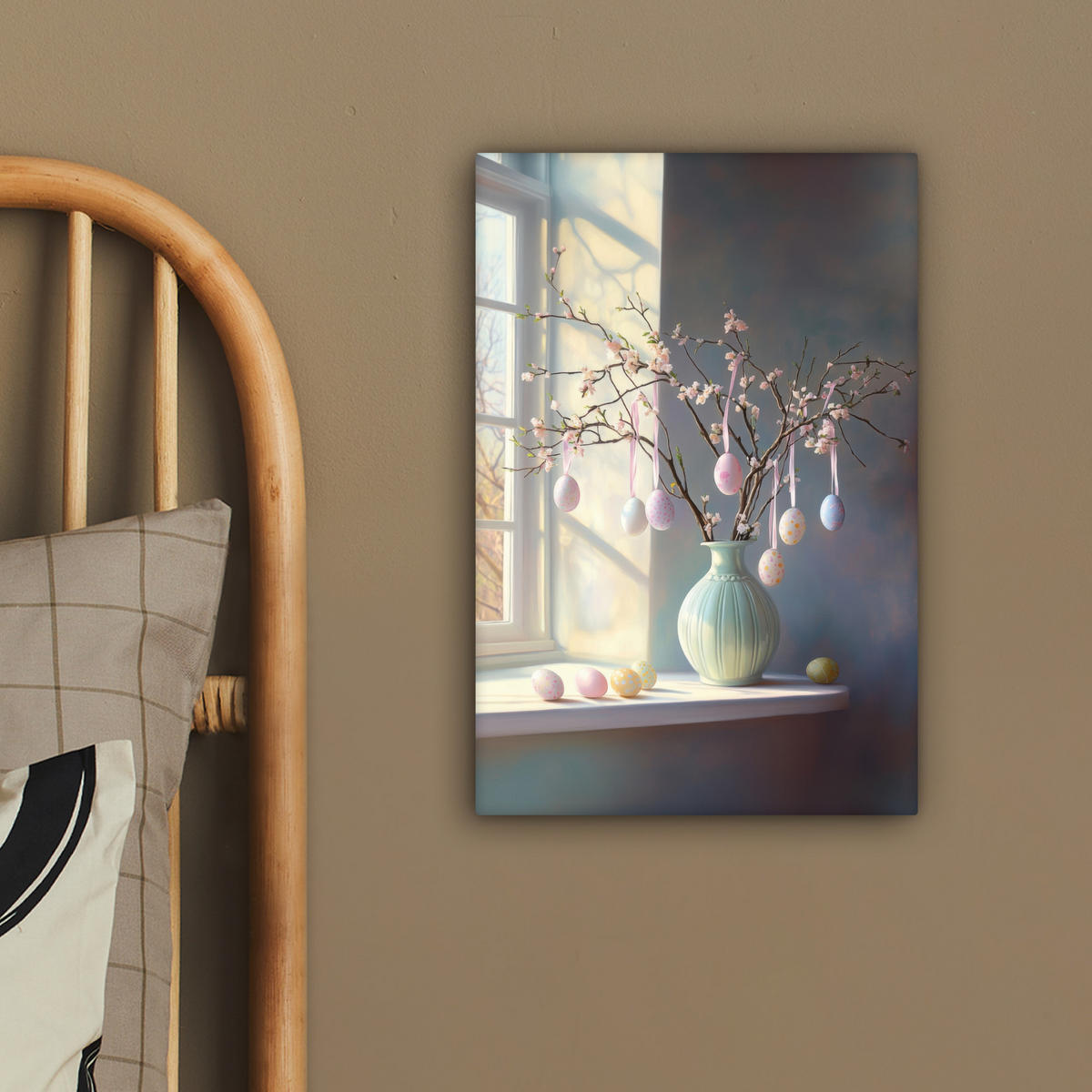 LEINWANDBILD Stillleben - Vase - Osterzweig Deko Wohnzimmer 20x30 cm - Hellblau, Textil (20/30cm) - MuchoWow