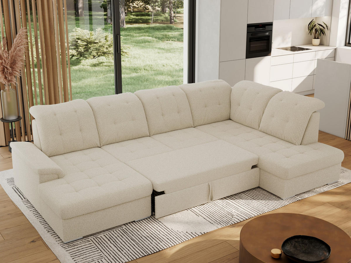 WOHNLANDSCHAFT MADRITO U - Beige Boucle - Rechts - Beige/Silberfarben, Textil/Metall (323/89/204cm) - MKS