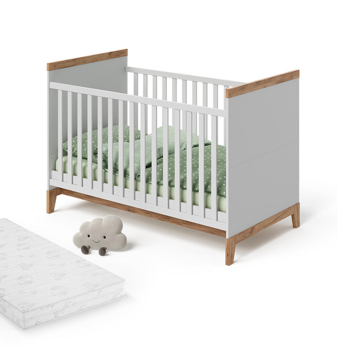 BABYBETT Malia Weiß/Artisan 70x140 cm mit Matratze - Hellgrau/Weiß, Holzwerkstoff - VitaliSpa