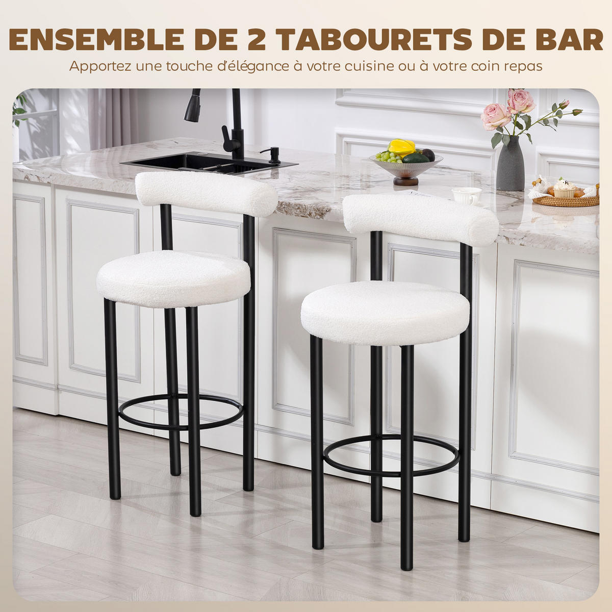 BARHOCKER 2er-Set DE-14818 gepolstert mit Boucle-Bezug Weiß - Weiß, Metall (50/98/52.5cm) - ComfortXL