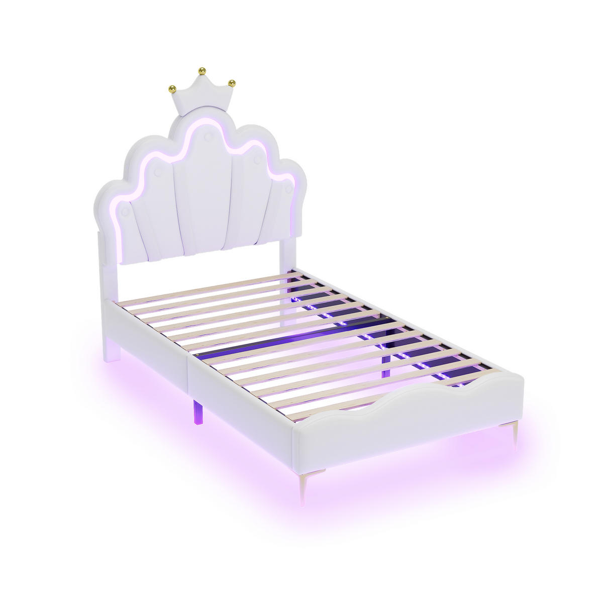 KINDERBETT 90/200 cm Weiß mit LED-Beleuchtung und krönenförmigem Kopfteil - Weiß, Kunststoff (90/200cm) - OKWISH