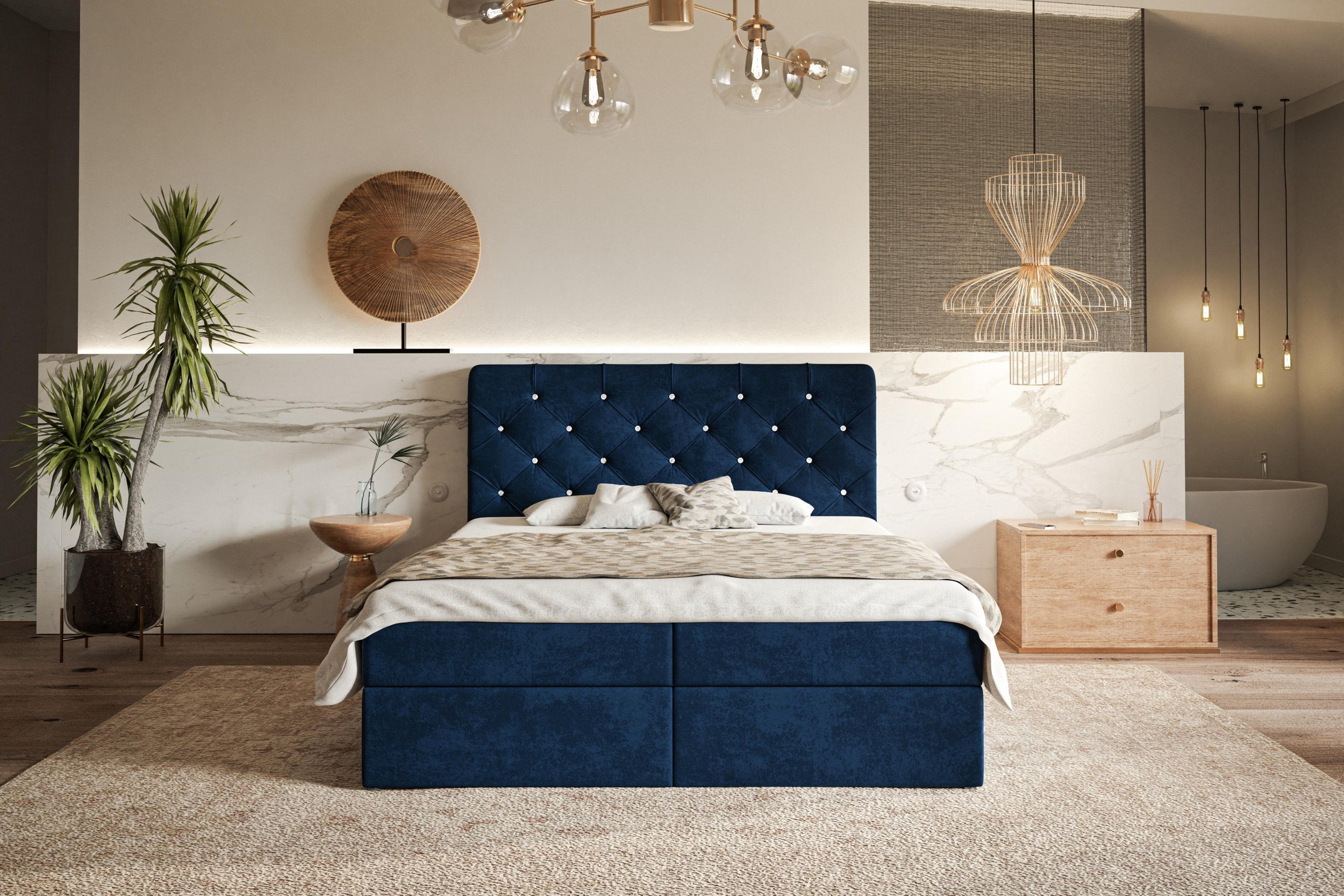 BOXBETT BOSTON mit 2 Bettkästen, 140x200, Farbe: Dunkelblau, Velourstoff, Doppelbett mit Bonell-Matratze - Dunkelblau, Holz/Kunststoff (140/200cm) - Alpi-Möbel
