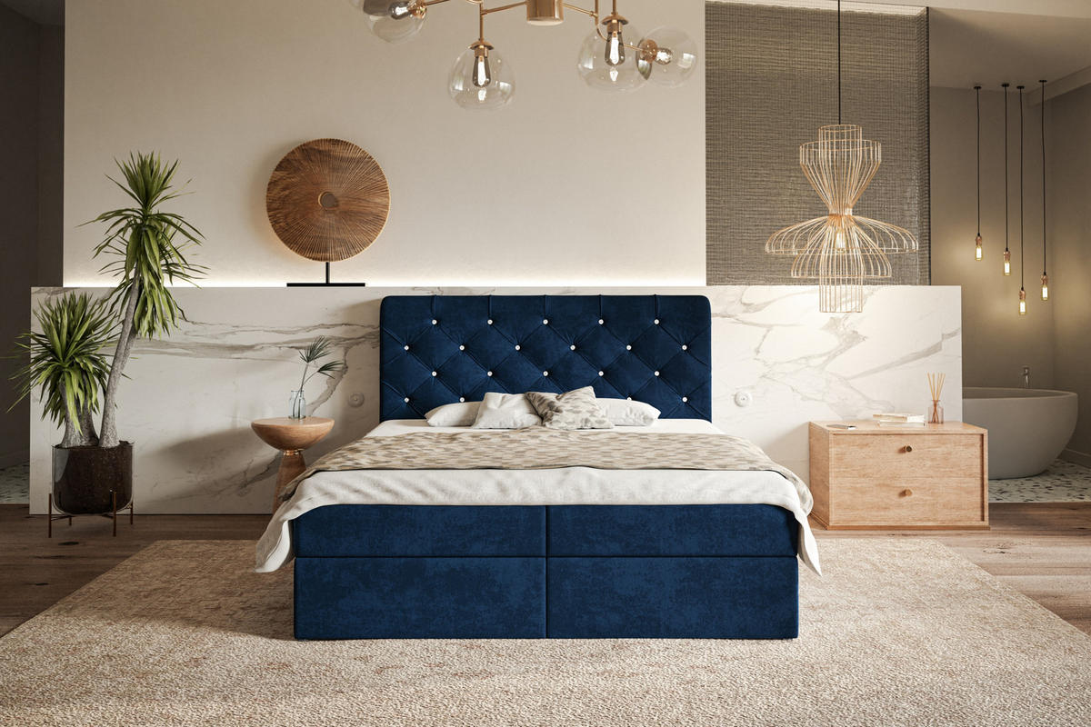 BOXBETT BOSTON mit 2 Bettkästen, 160x200, Farbe: Dunkelblau, Velourstoff, Doppelbett mit Bonell-Matratze - Dunkelblau, Holz/Kunststoff (160/200cm) - Alpi-Möbel