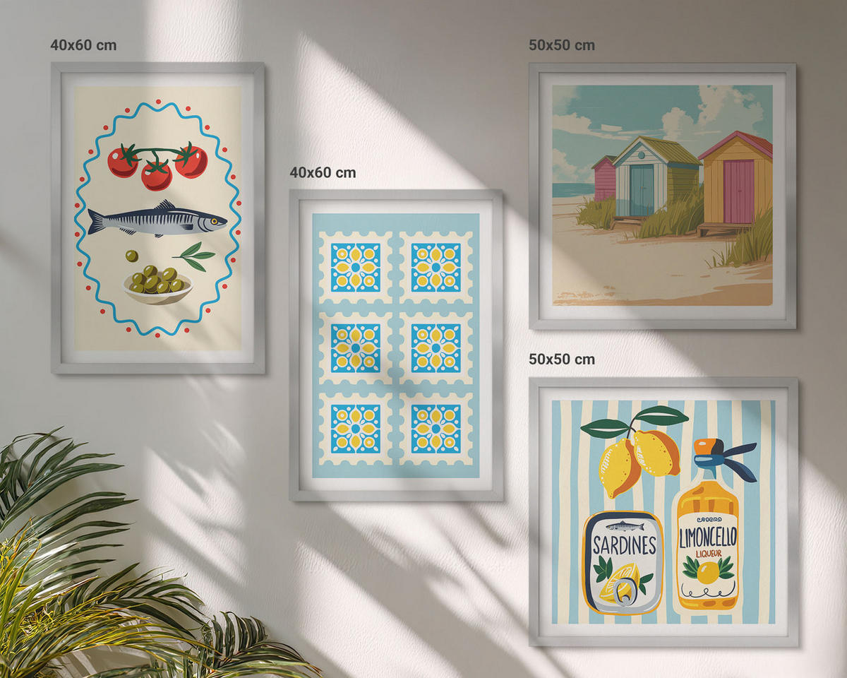 BILDER SET 4er Set - 50x50 cm & 40x60 cm Silberner Rahmen - Illustrationen der mediterranen Küche - Silberfarben, Kunststoff (50/50cm) - TULUP