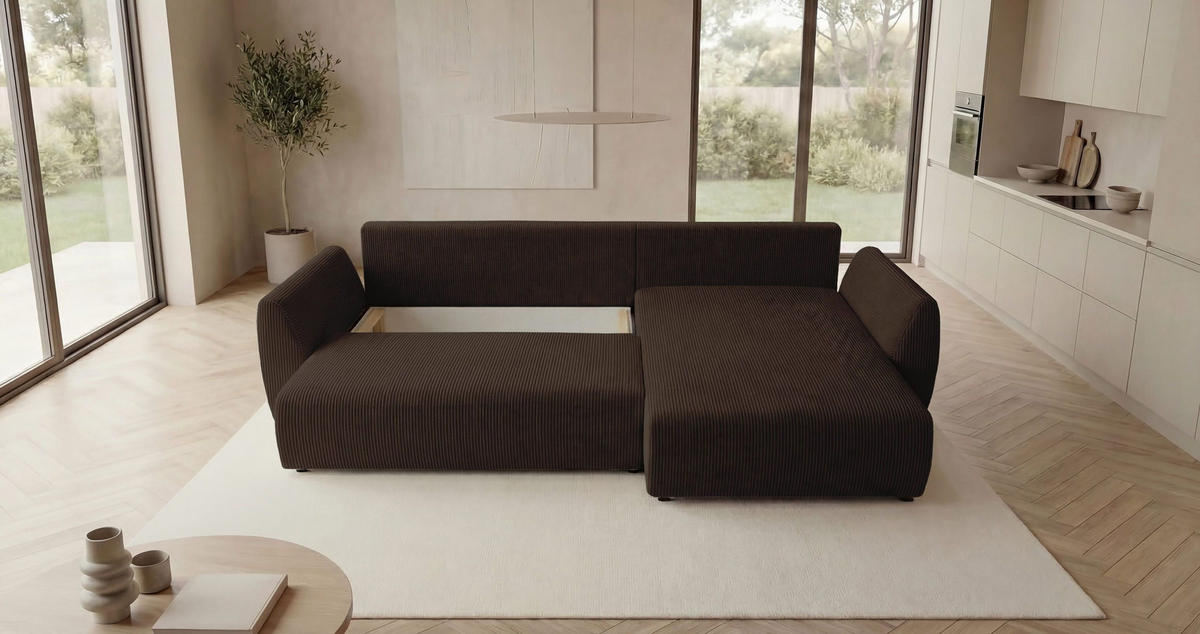 ECKSOFA SYDNEY rechts braun Cord Poso 6 - Schlaffunktion, Bettkasten - Braun, Textil (280/175cm) - Cornero