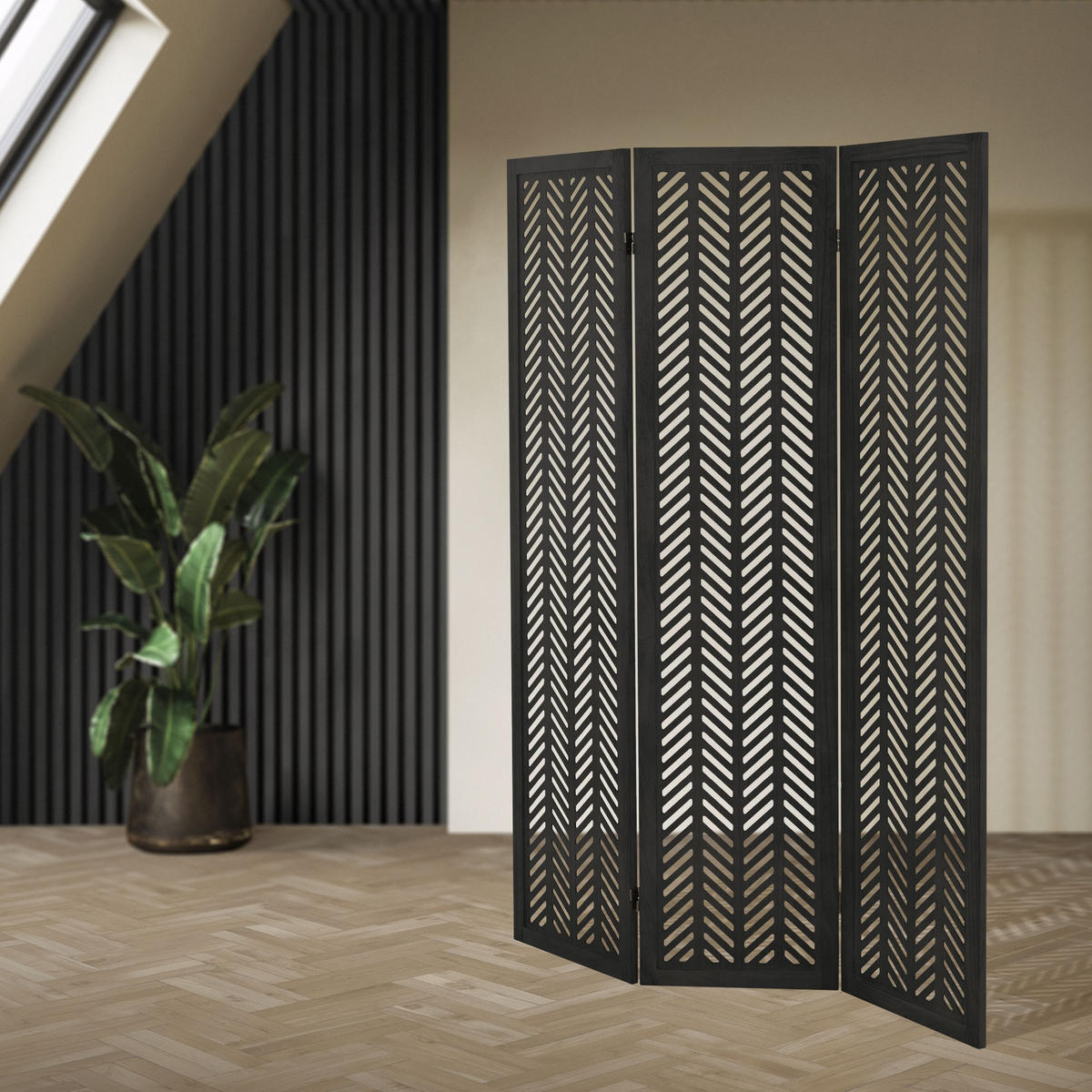 PARAVÁN, 3dílný, Kobe, 170 × 121 cm, černý, ze dřeva - černá, dřevo (121/170/2cm) - ML-DESIGN