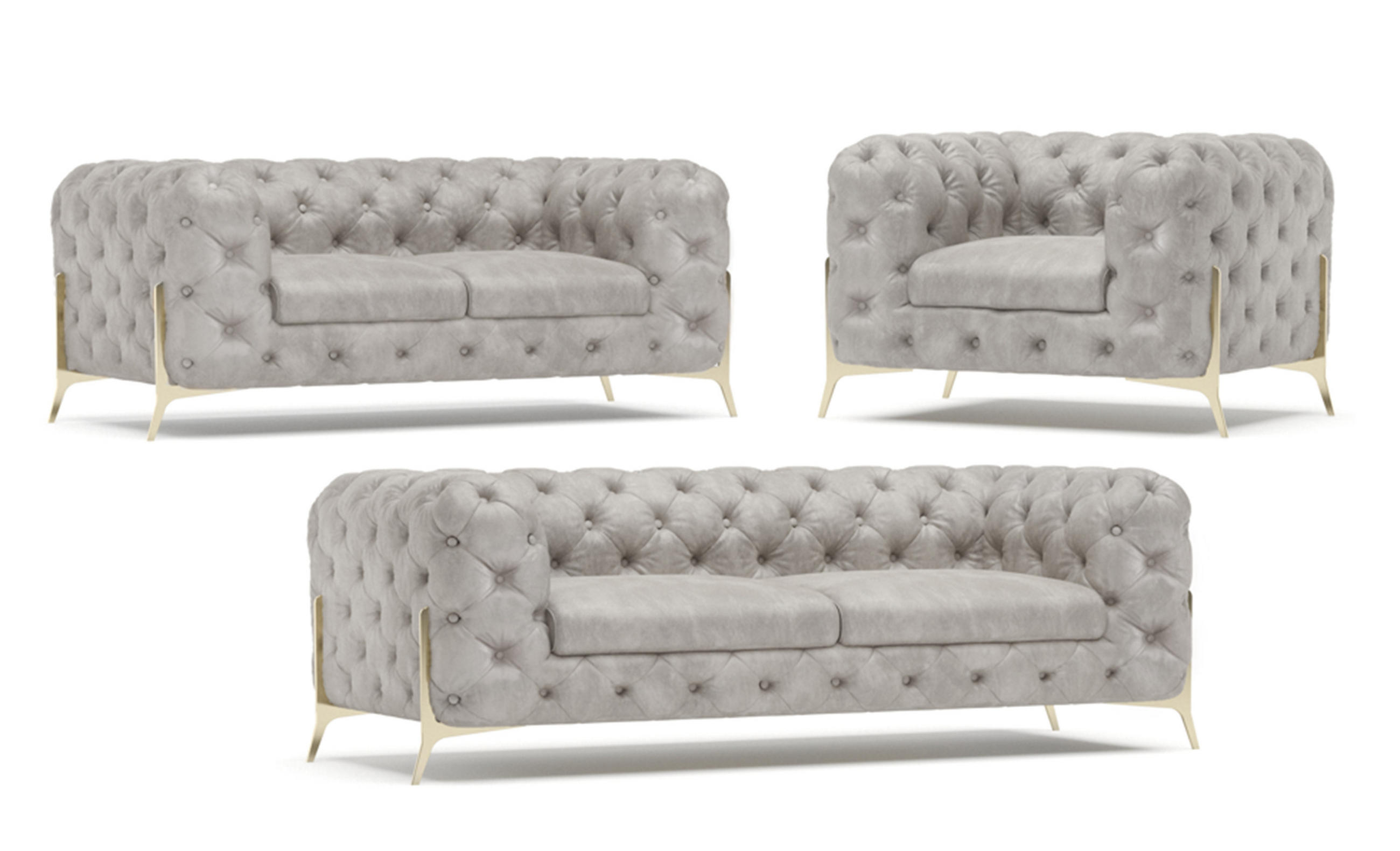 SITZGARNITUR 3+2+1 Chesterfield Vertex Grau Samt - Goldfarben/Grau, Holz/Textil (225/75/100cm) - S-Style Möbel