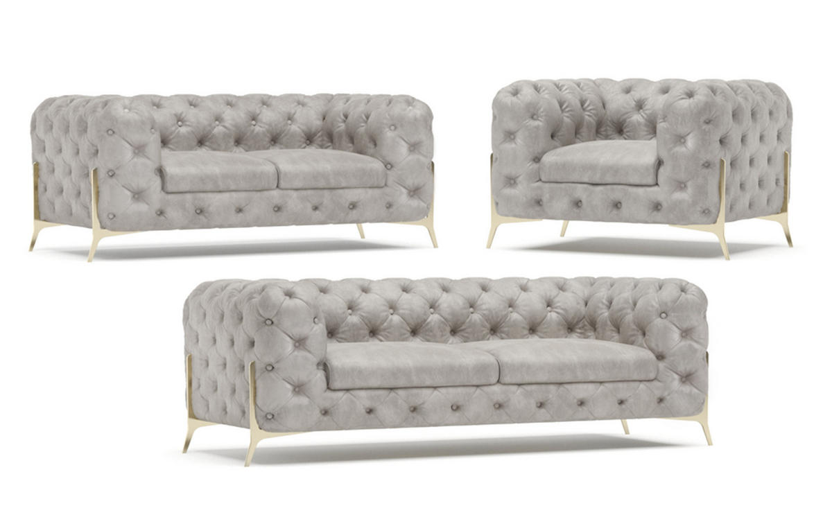 SITZGARNITUR 3+2+1 Chesterfield Vertex Grau Samt - Goldfarben/Grau, Holz/Textil (225/75/100cm) - S-Style Möbel
